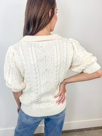 Cable Knit Puff Sleeve Sweater Top – Ivory