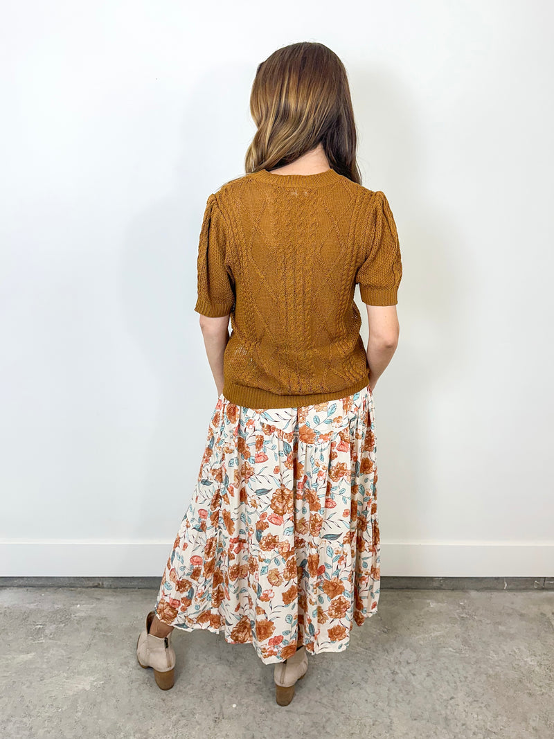 Camel Short Sleeve Cable Knit Sweater