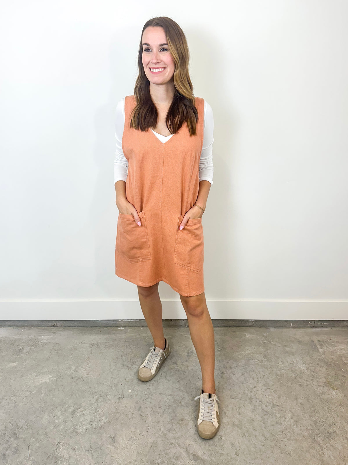 Peach Denim Overall Dress