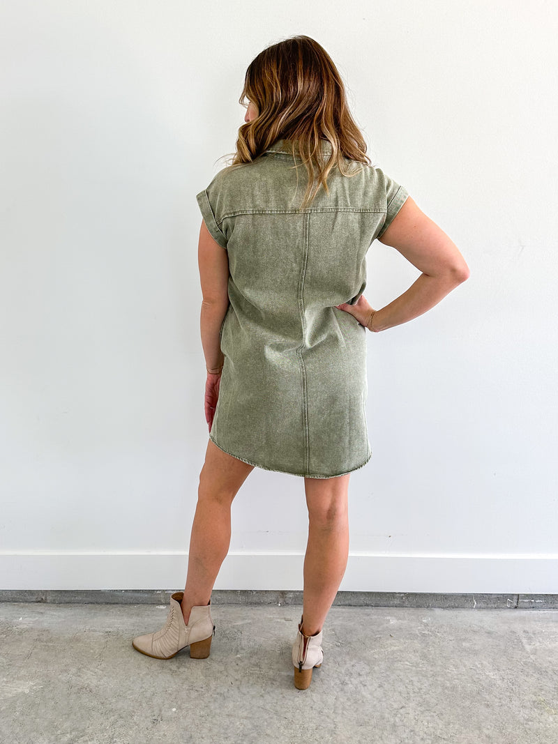 Washed Olive Denim Shirt Dress