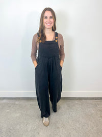 Black Pleated Button Strap Jumpsuit
