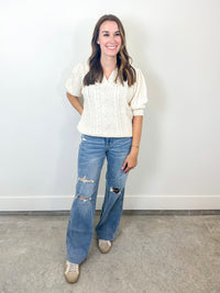 Cable Knit Puff Sleeve Sweater Top – Ivory