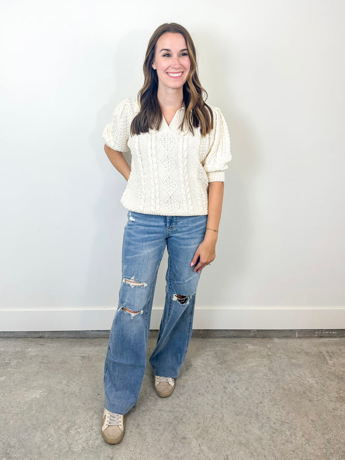 Cable Knit Puff Sleeve Sweater Top – Ivory