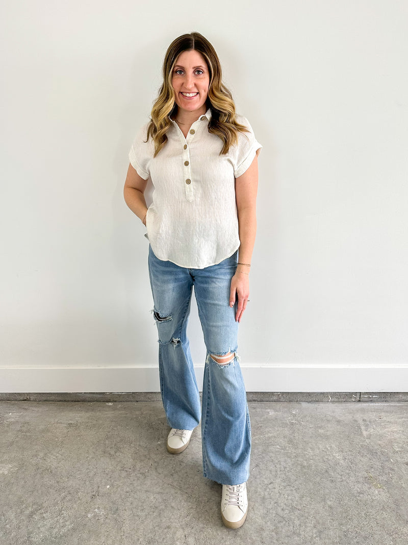 Natural Quarter Button Collared Tee