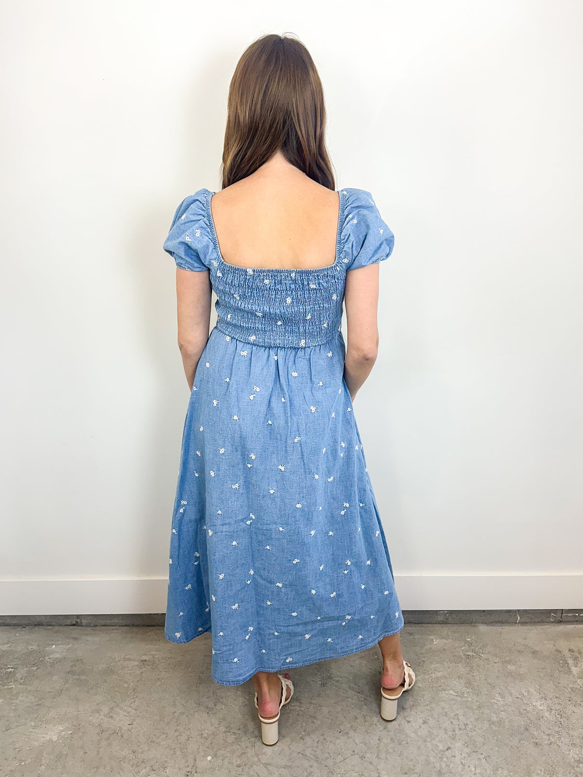 Blue Floral Smocked Midi Dress