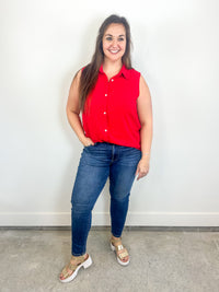 Red Sleeveless Button-Down Top