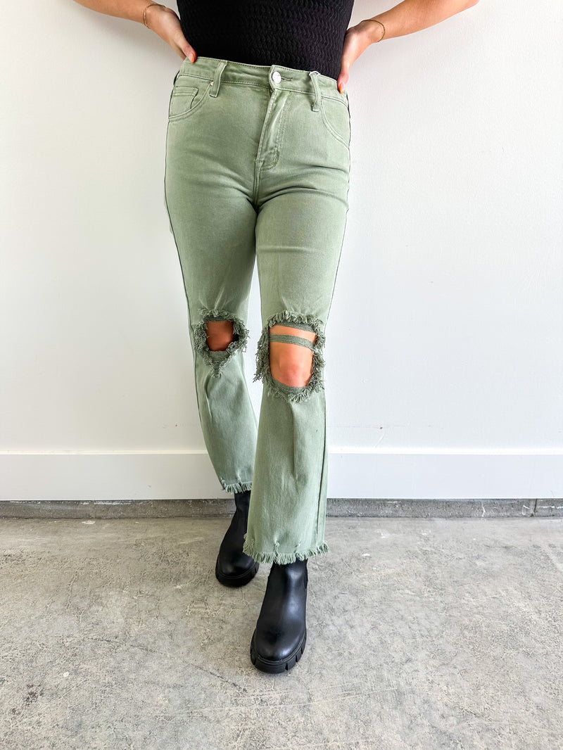 Olive Distressed Jeans- Risen