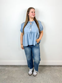 Denim Peplum Tie Front Top