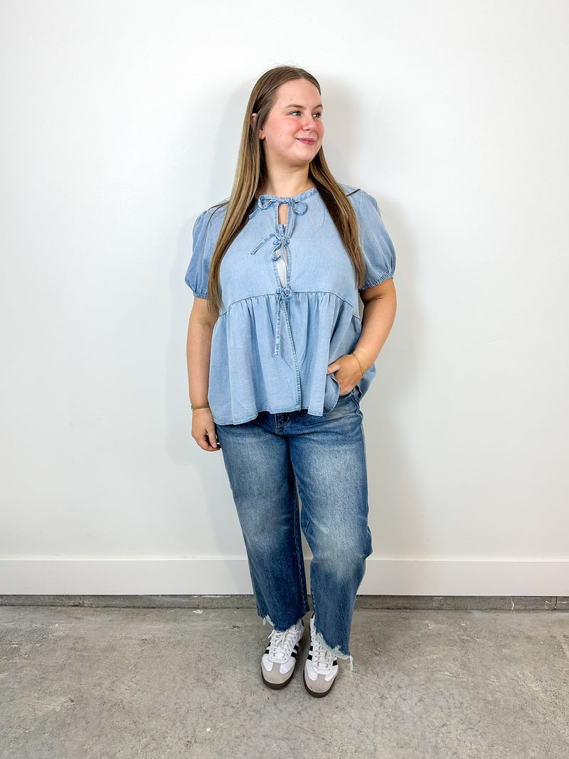 Denim Peplum Tie Front Top