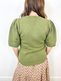 Olive Green Puff Sleeve Sweater with Floral Embroidery