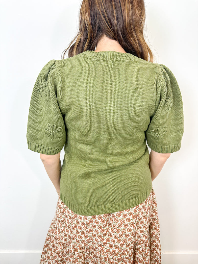 Olive Green Puff Sleeve Sweater with Floral Embroidery