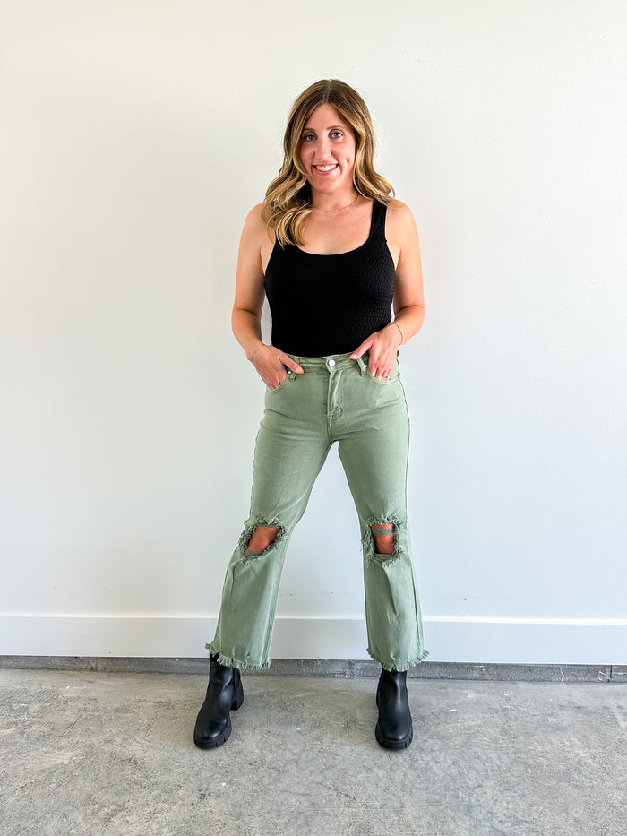Olive Distressed Jeans- Risen