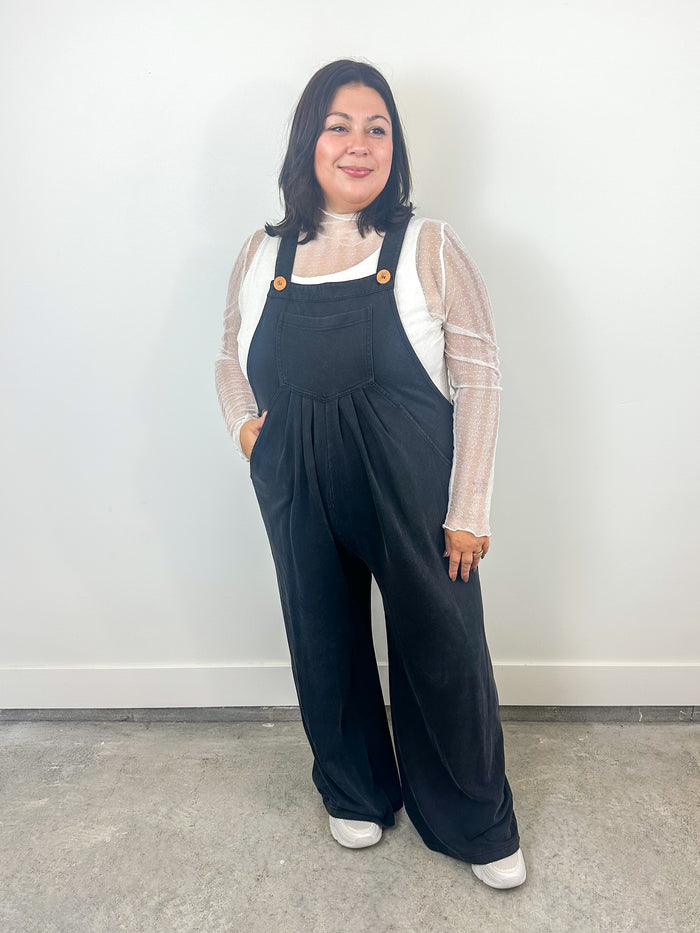 Black Pleated Button Strap Jumpsuit