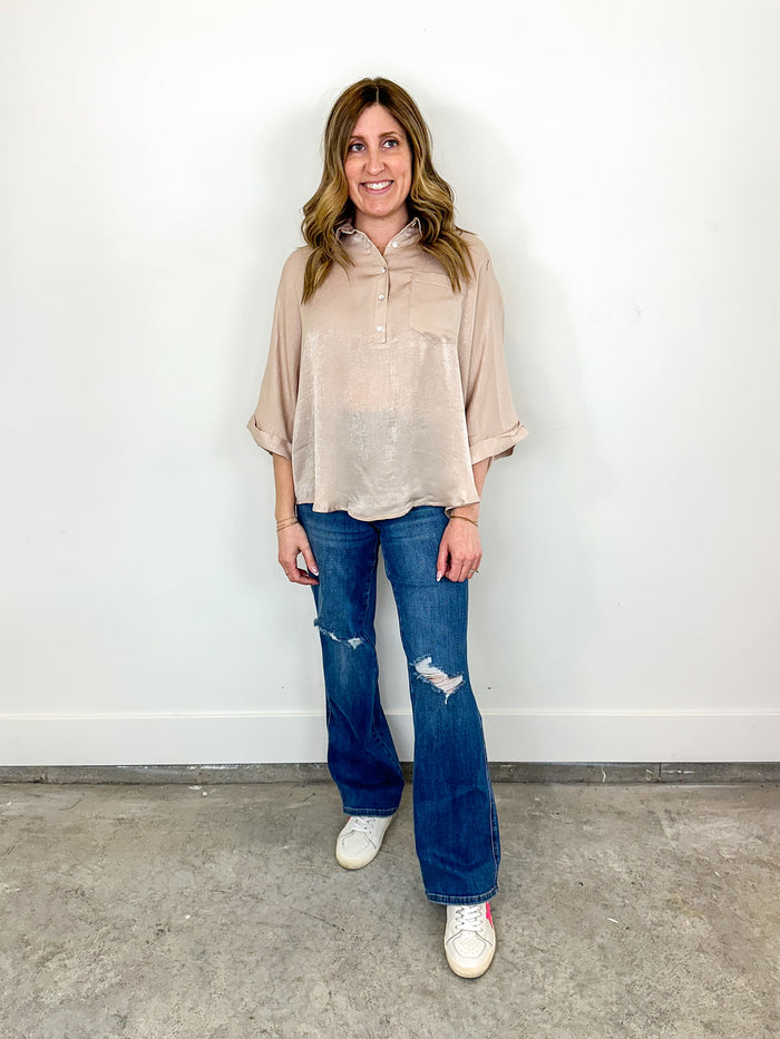 Wearing the Champagne Silky Spring Top paired with the Jennifer Judy Blue Jeans.