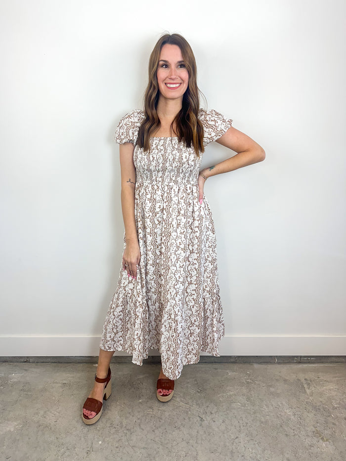 Taupe Floral Smocked Midi Dress