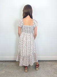 Taupe Floral Smocked Midi Dress