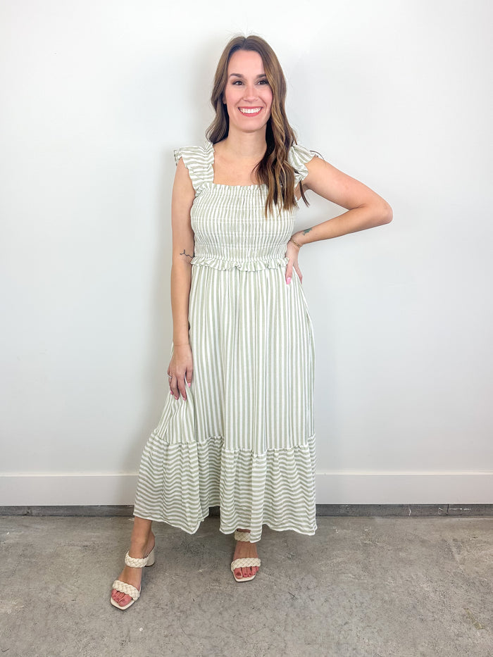 Sage Stripe Smocked Midi Dress