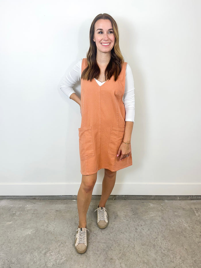 orange dress overall Peach Denim Overall Dress with Adjustable Straps