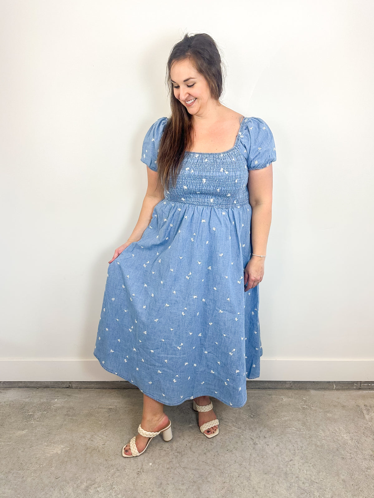 Blue Floral Smocked Midi Dress