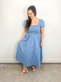 Blue Floral Smocked Midi Dress