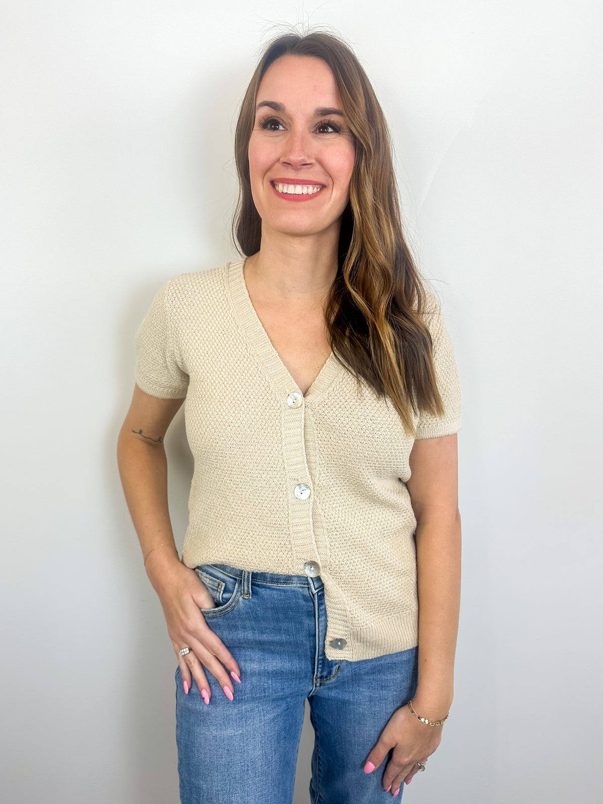 Cream Ribbed Button Top