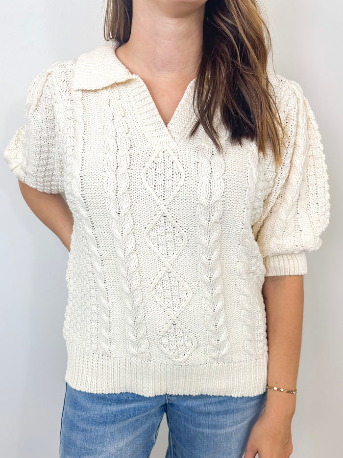 Cable Knit Puff Sleeve Sweater Top – Ivory