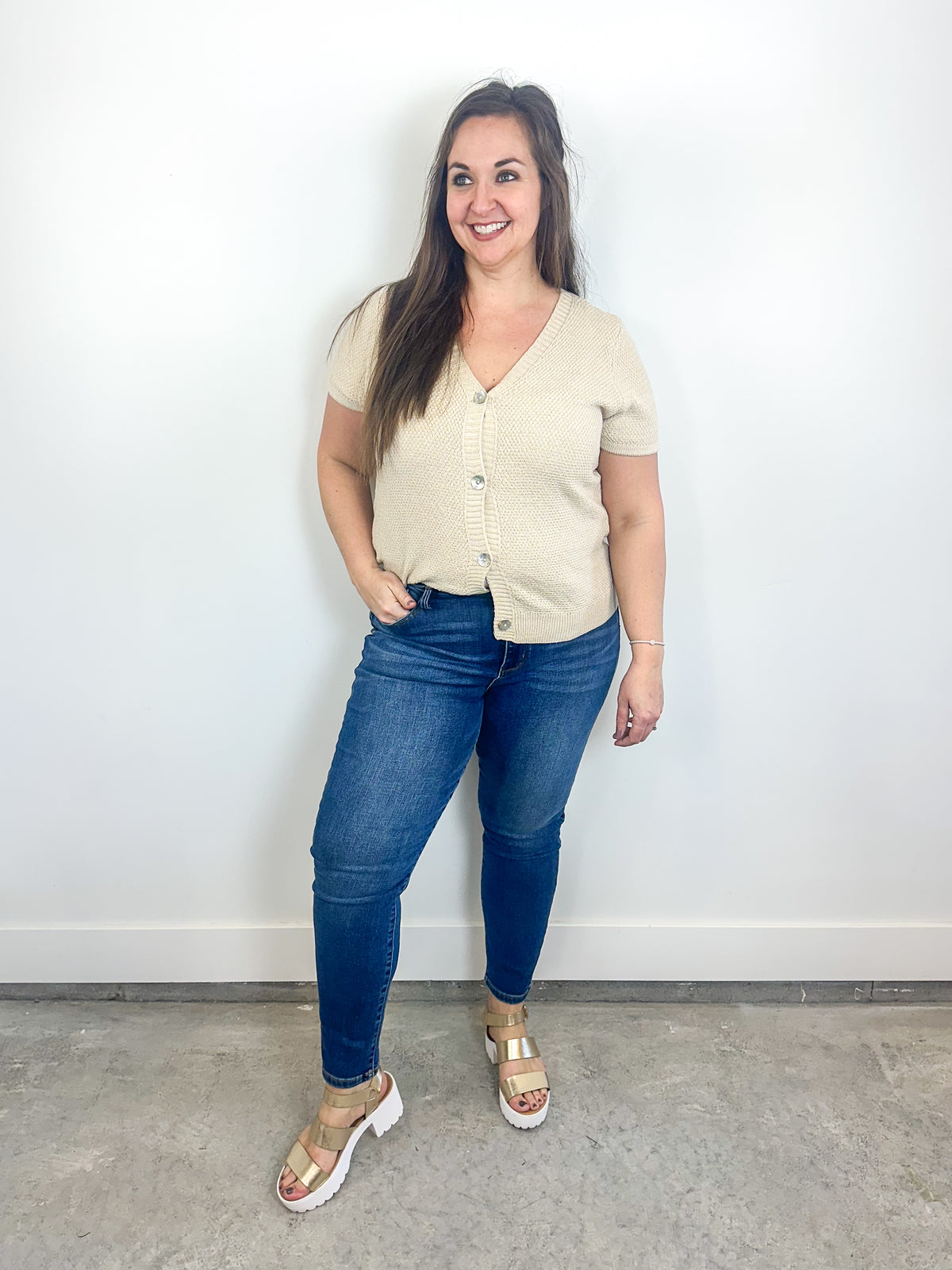 Cream Ribbed Button Top
