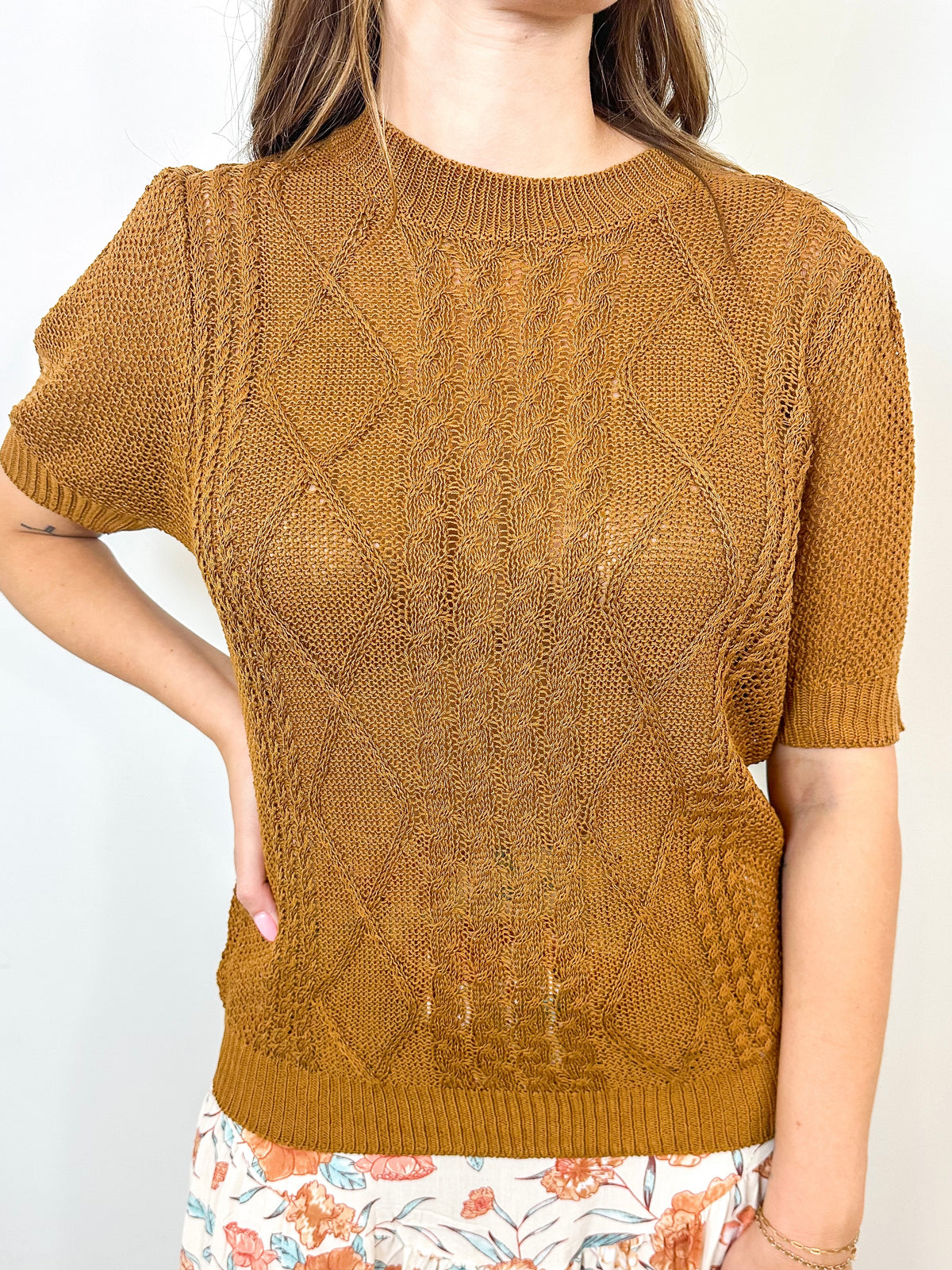 Camel Short Sleeve Cable Knit Sweater