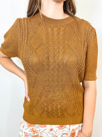 Camel Short Sleeve Cable Knit Sweater