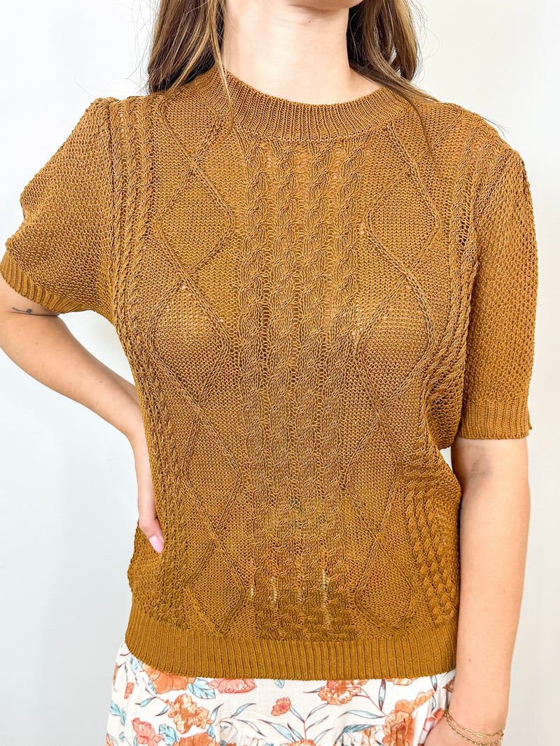 Camel Short Sleeve Cable Knit Sweater