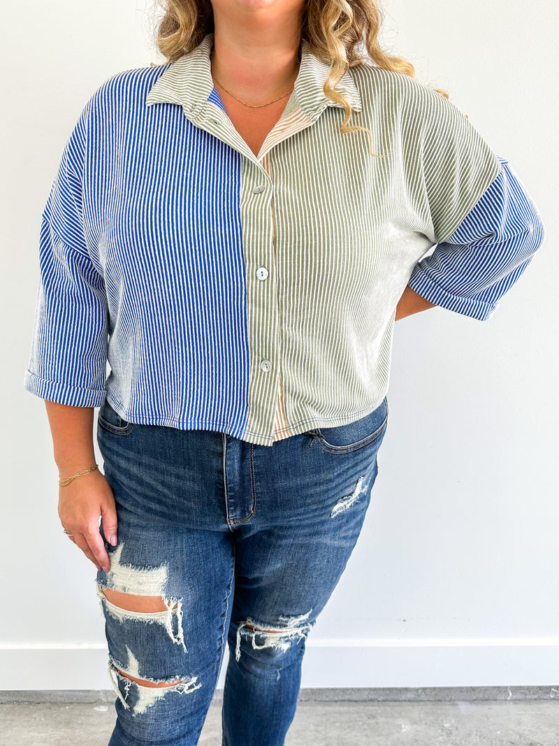 Two Tone Button Up Cropped Top