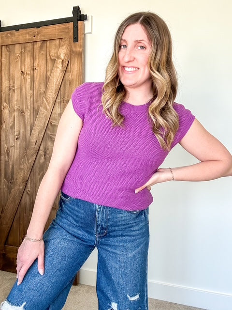 Purple Waffle Knit Cap Sleeve Top