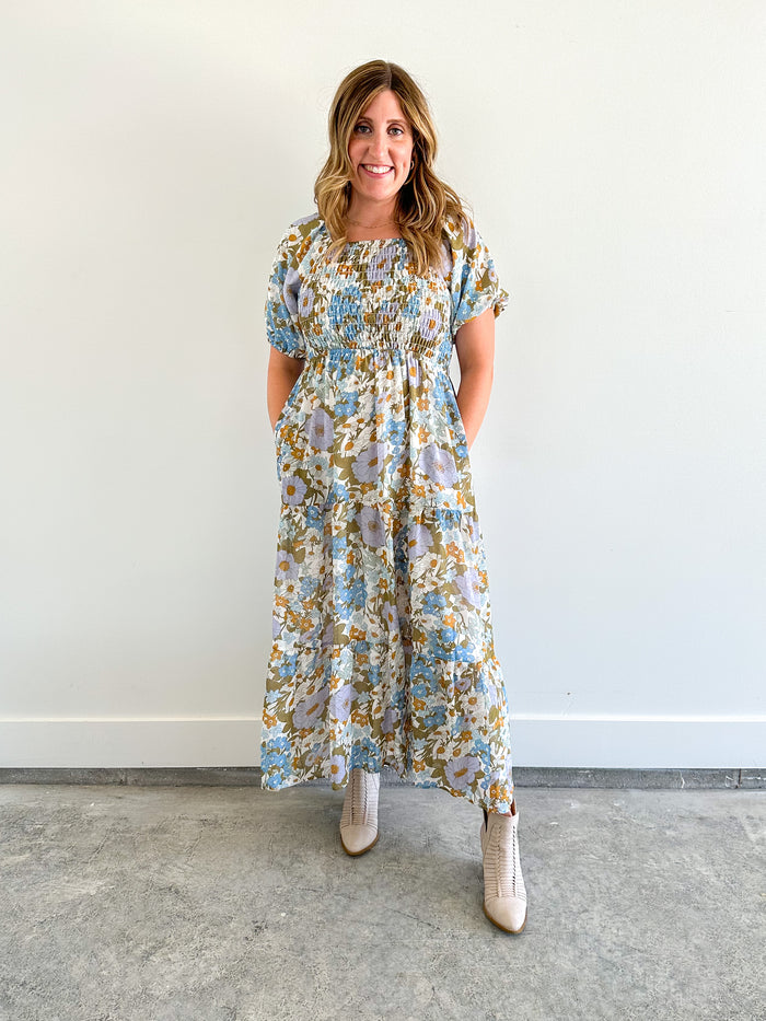 Retro Blue Floral Maxi Dress