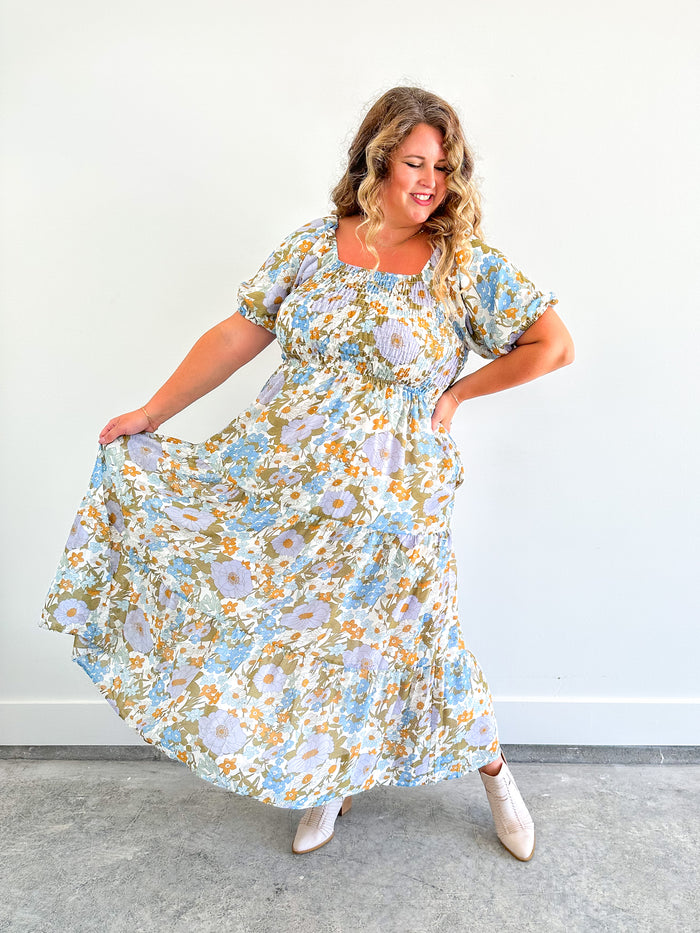 Retro Blue Floral Maxi Dress