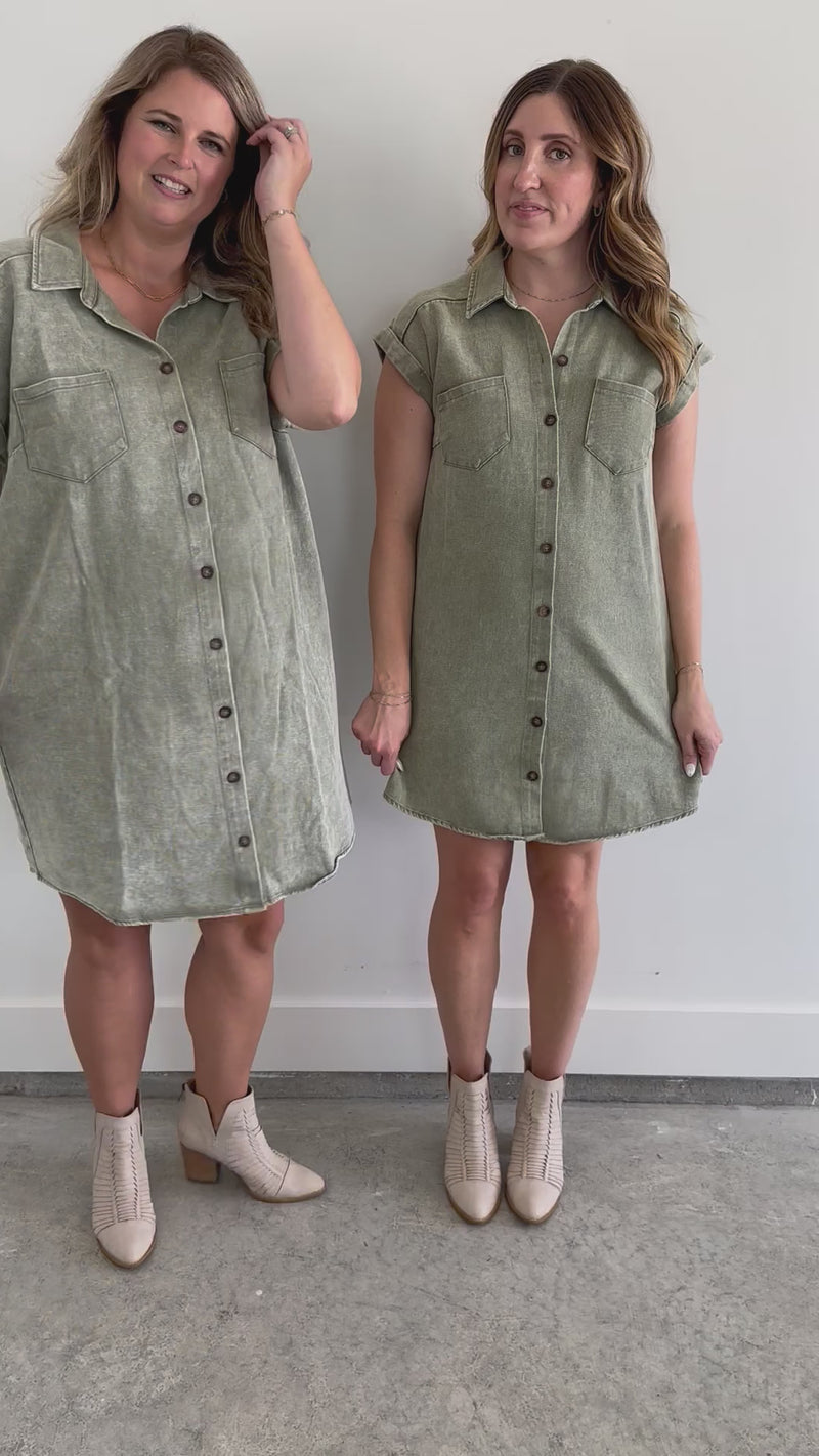 Washed Olive Denim Shirt Dress