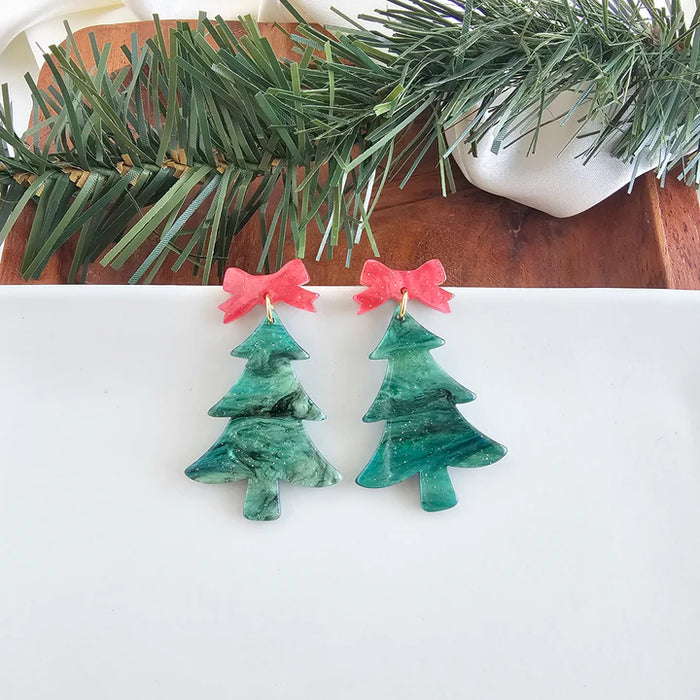 Bow Christmas Tree Earrings - Green Shimmer