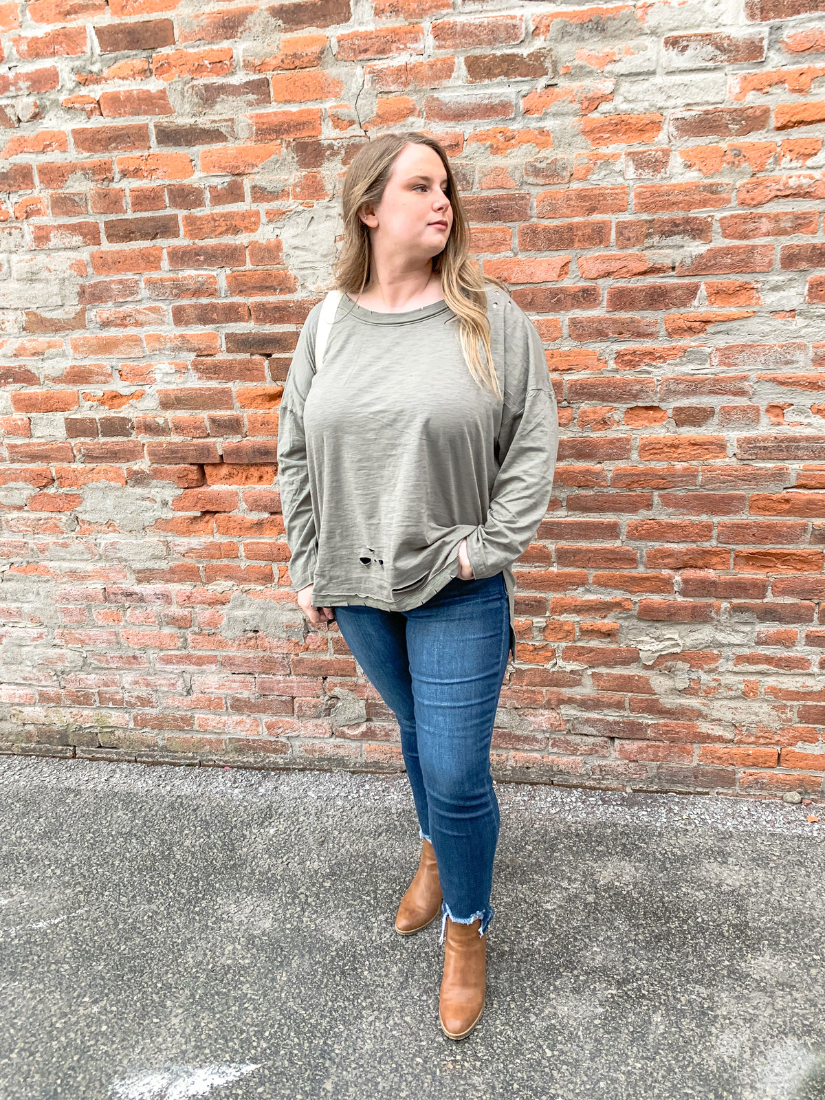 Olive Long Sleeve Distressed Shirt