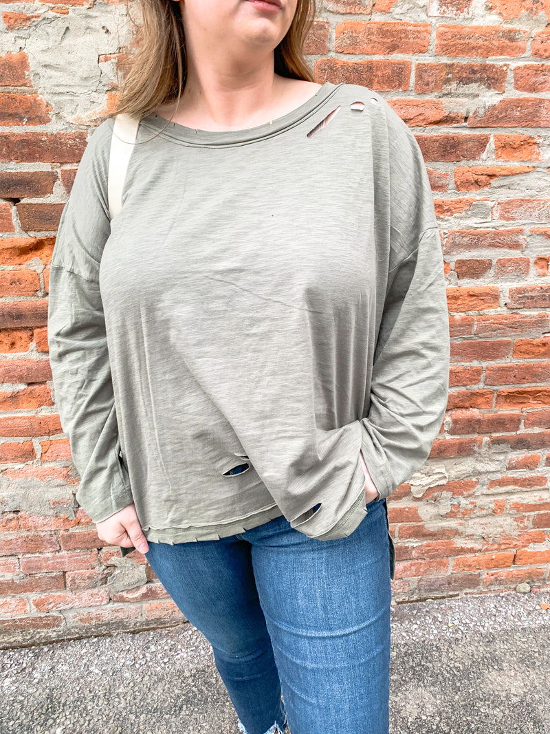 Olive Long Sleeve Distressed Shirt