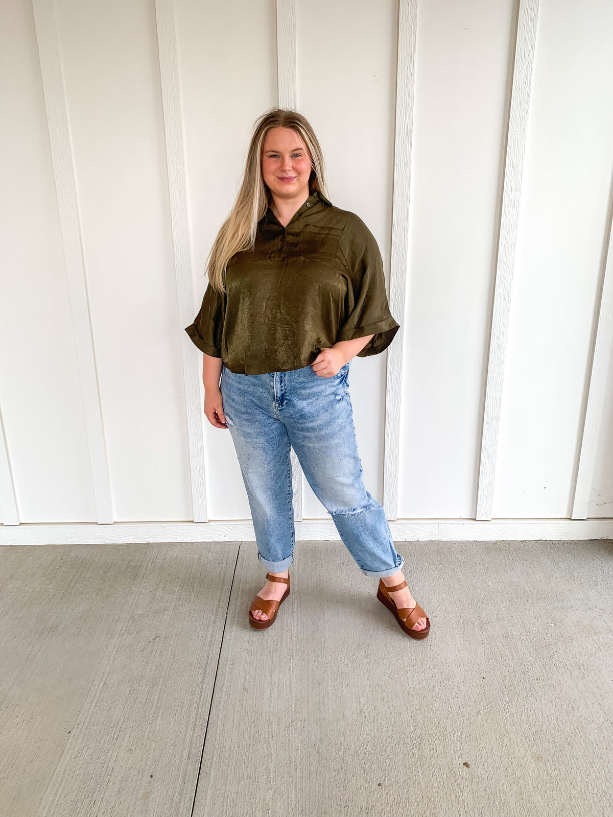 Olive Silky Drop Shoulder Top
