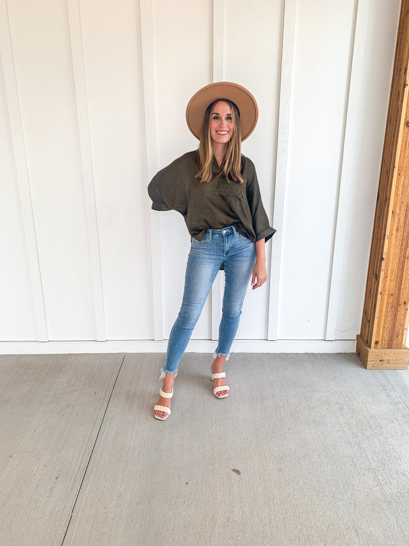 Olive Silky Drop Shoulder Top