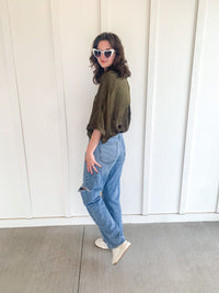 Olive Silky Drop Shoulder Top
