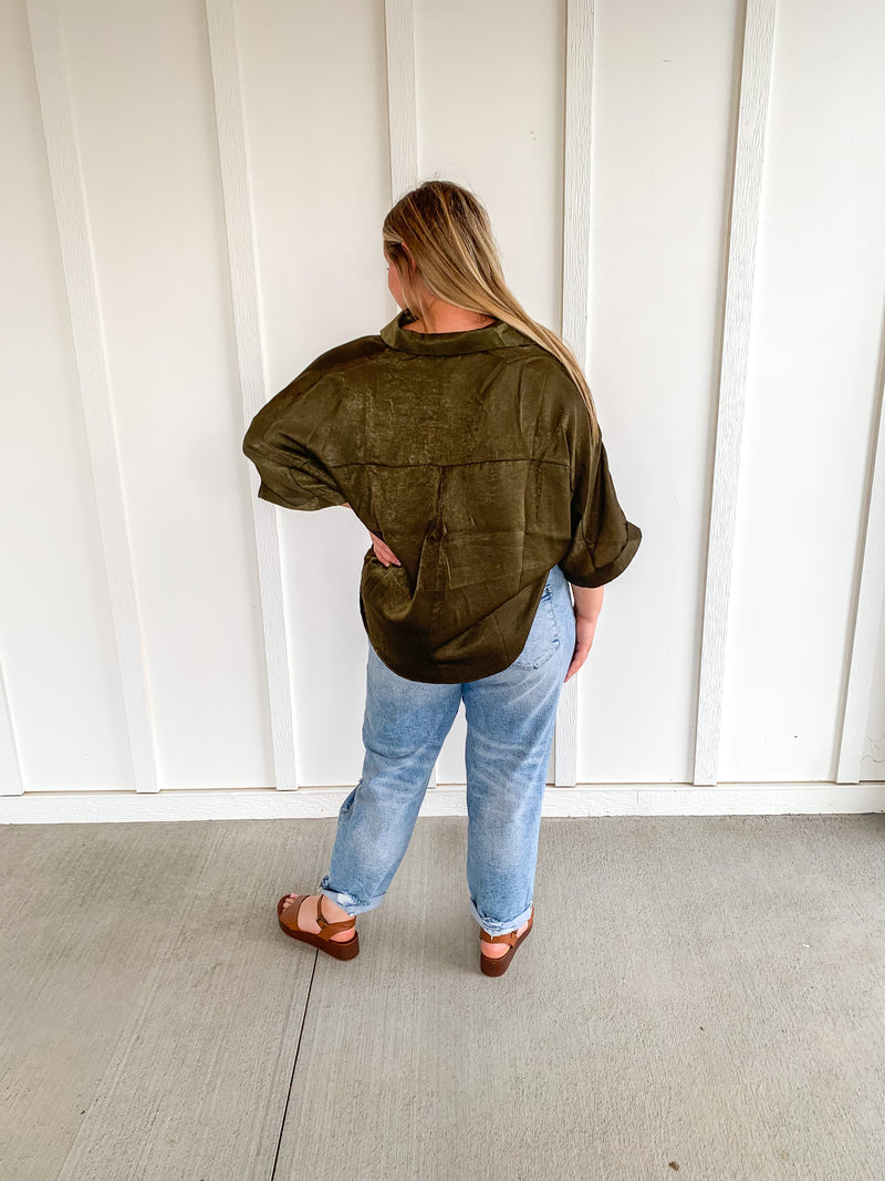 Olive Silky Drop Shoulder Top