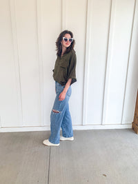 Olive Silky Drop Shoulder Top